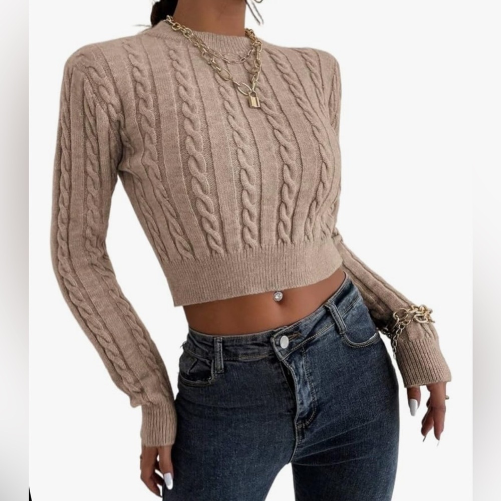 EFJONE Casual Knit Cropped Long Sleeve Mocha Brown Pullover Fitted Sweater XS
